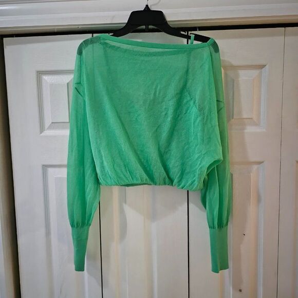 Express Women's Green Sheer Boat Neck Dolman Sleeve Cropped Sweater Size Medium - Picture 6 of 12